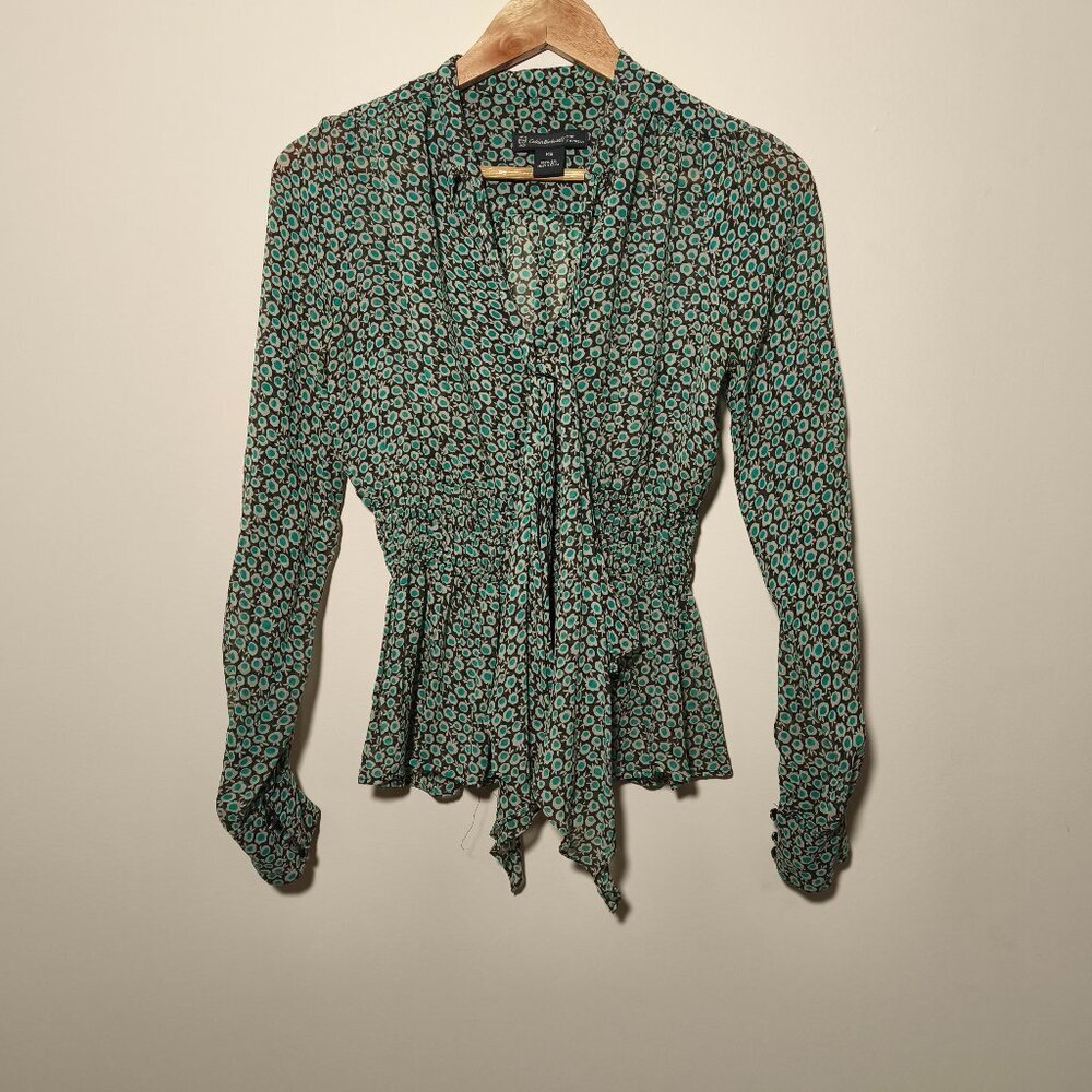 y2k Celia Birtwell For Express 100% Silk Peplum Tie Front Floral Blouse sz XS
